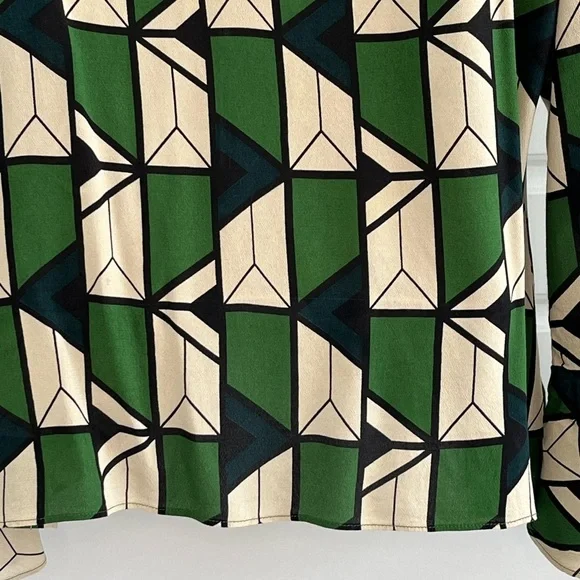 Zara Green Black Cream Geometric Printed Collared V-neckline Blouse Size Large - Picture 10 of 16
